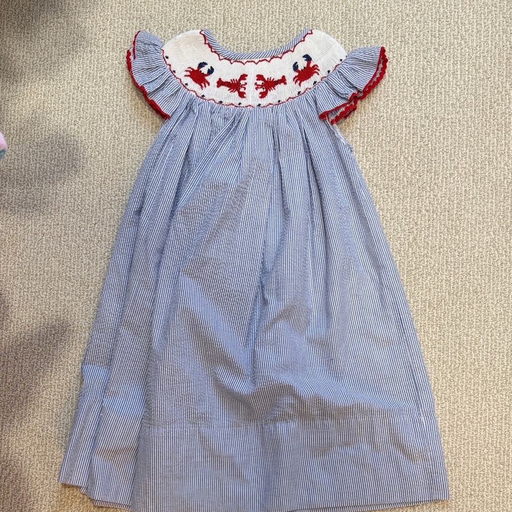 Blue and White Smocked Lobster Dress